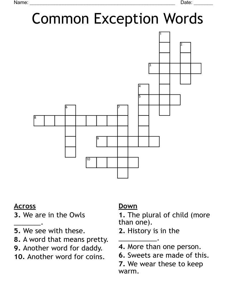 Common Exception Words Crossword