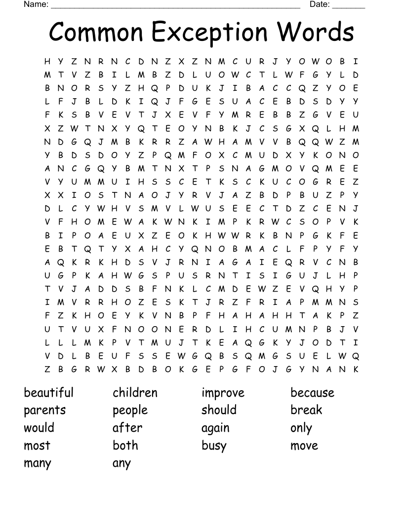 Common Exception Words Word Search