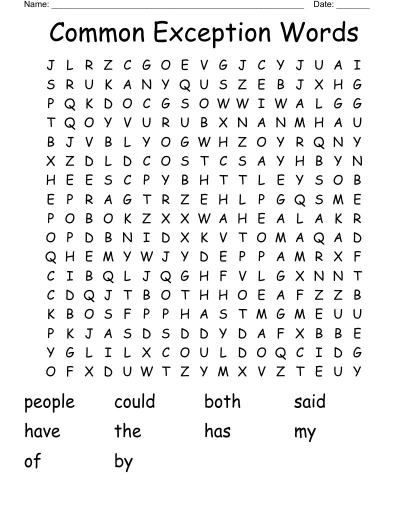 Common Exception Words Word Search