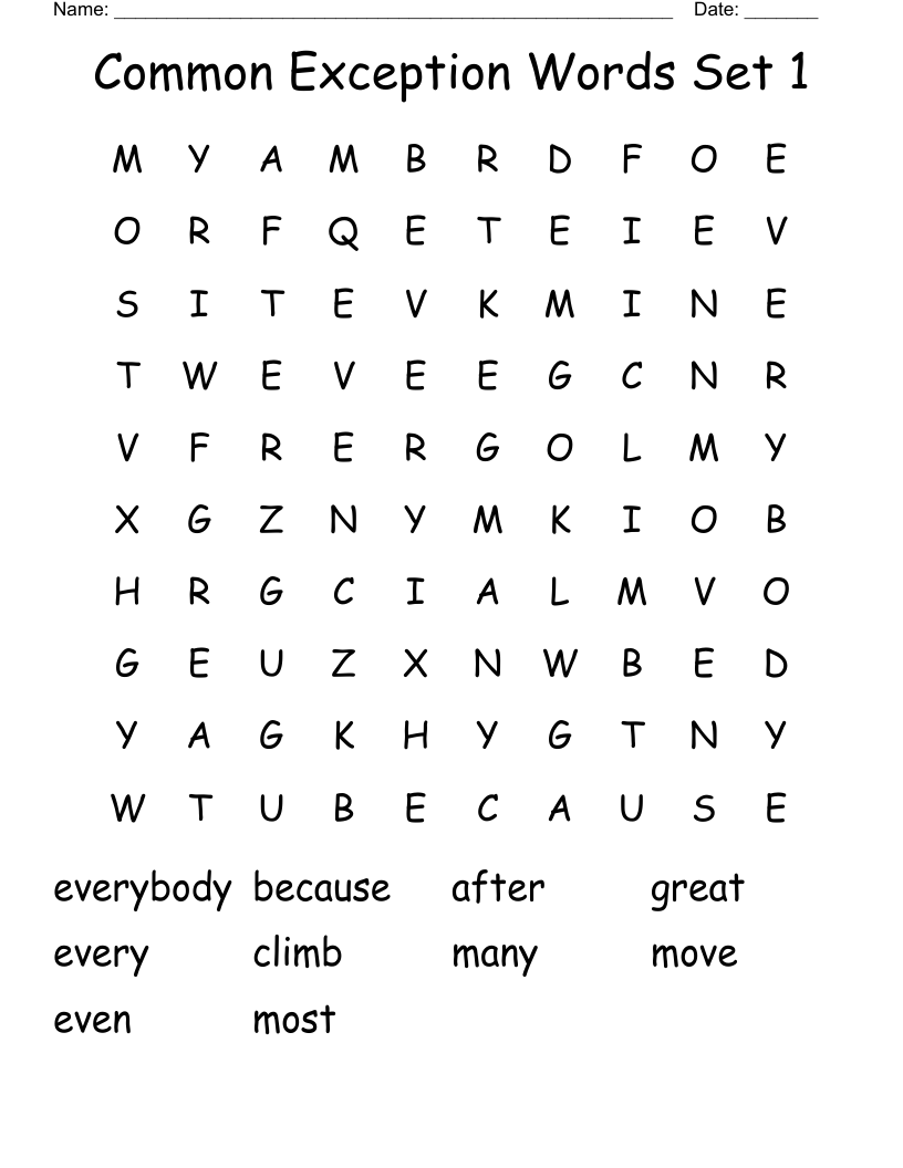 Common Exception Words Set 1 Word Search
