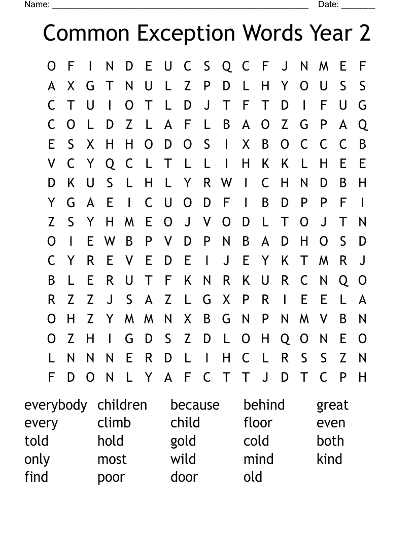 Common Exception Words Year 2 Word Search