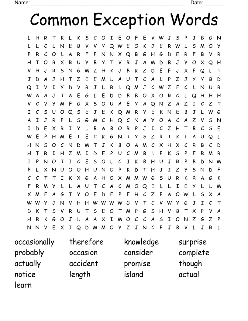 Common Exception Words  Word Search