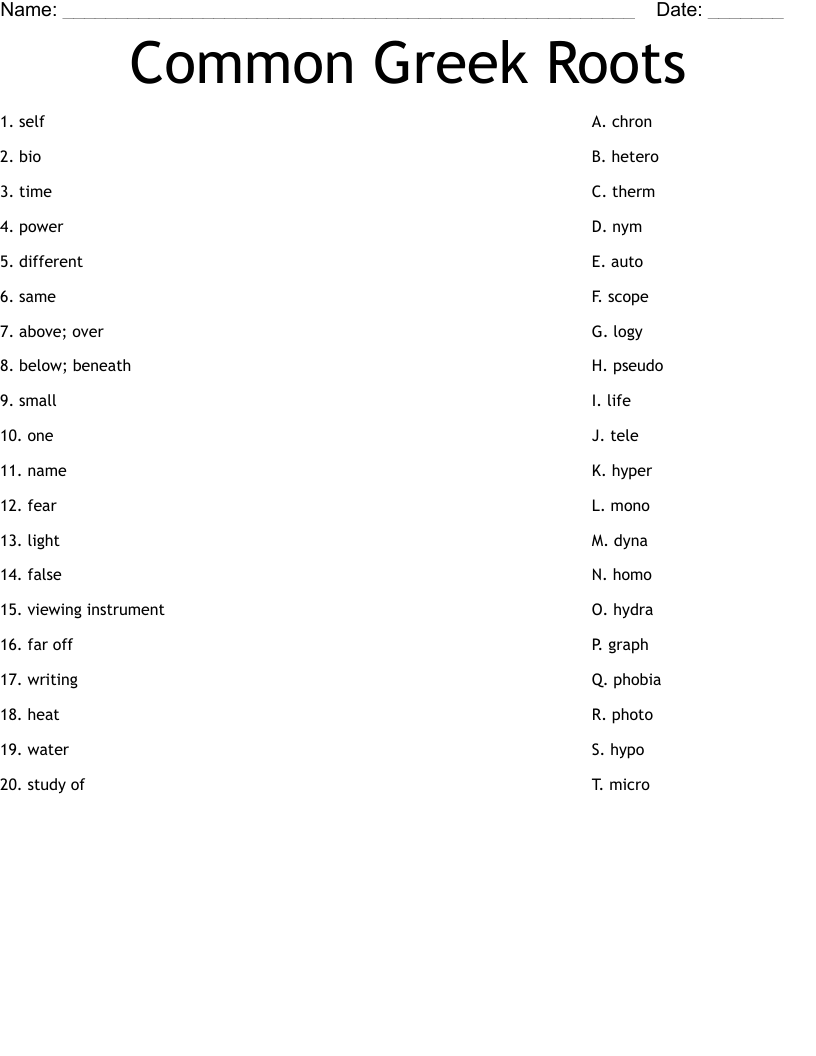Common Greek Roots Worksheet