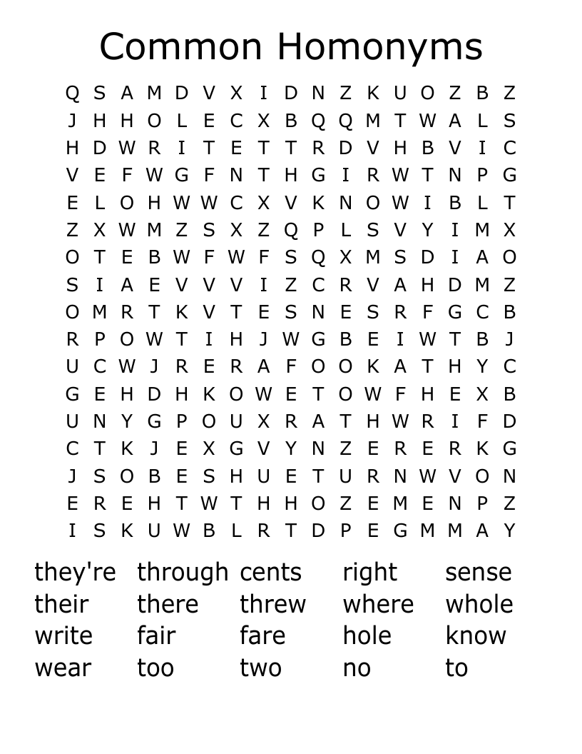 Common Homonyms Word Search