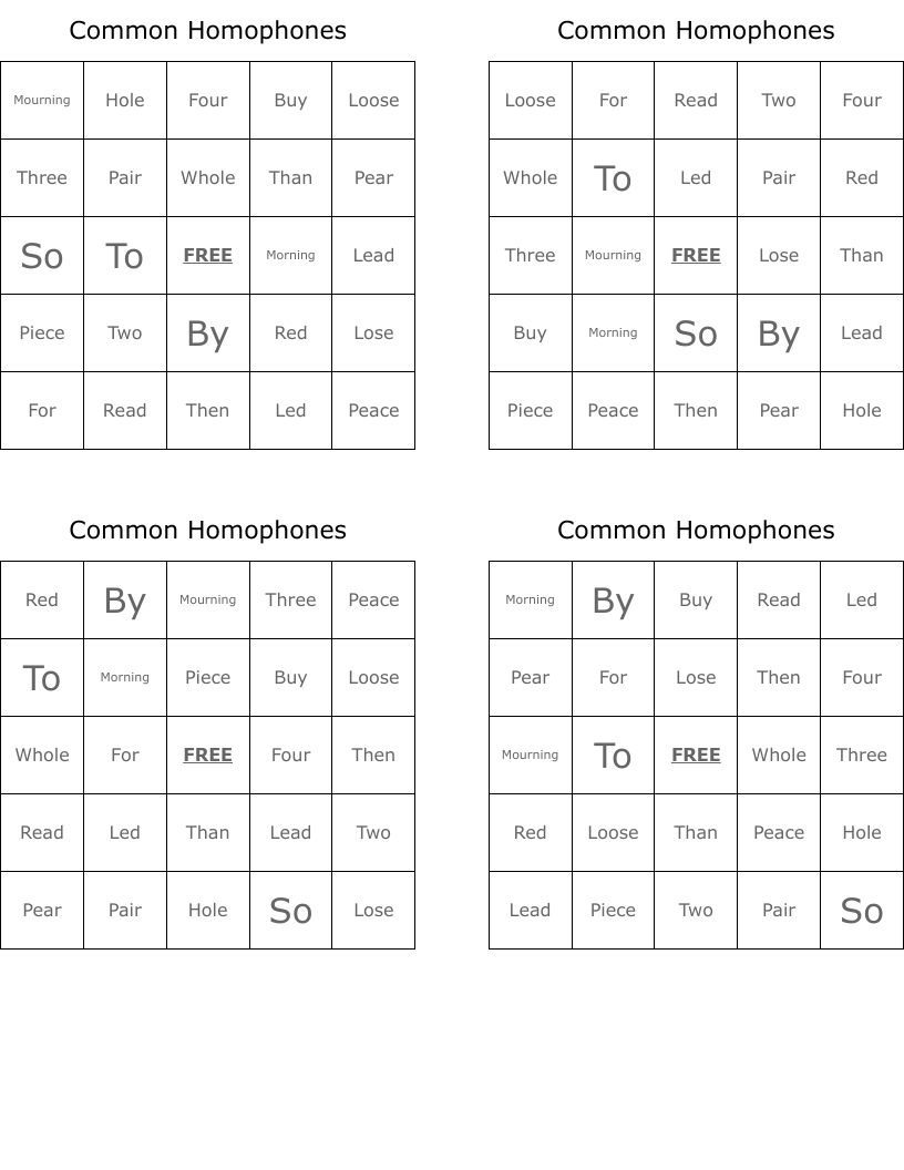 Common Homophones Bingo Cards