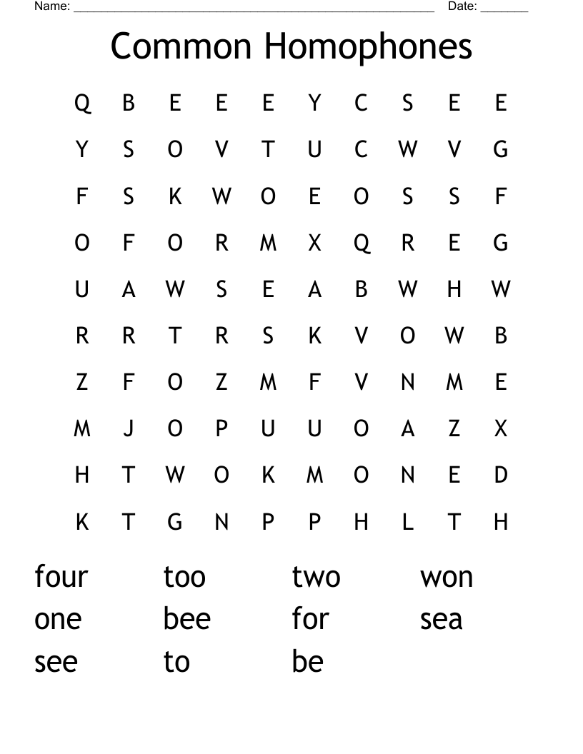 Common Homophones Word Search