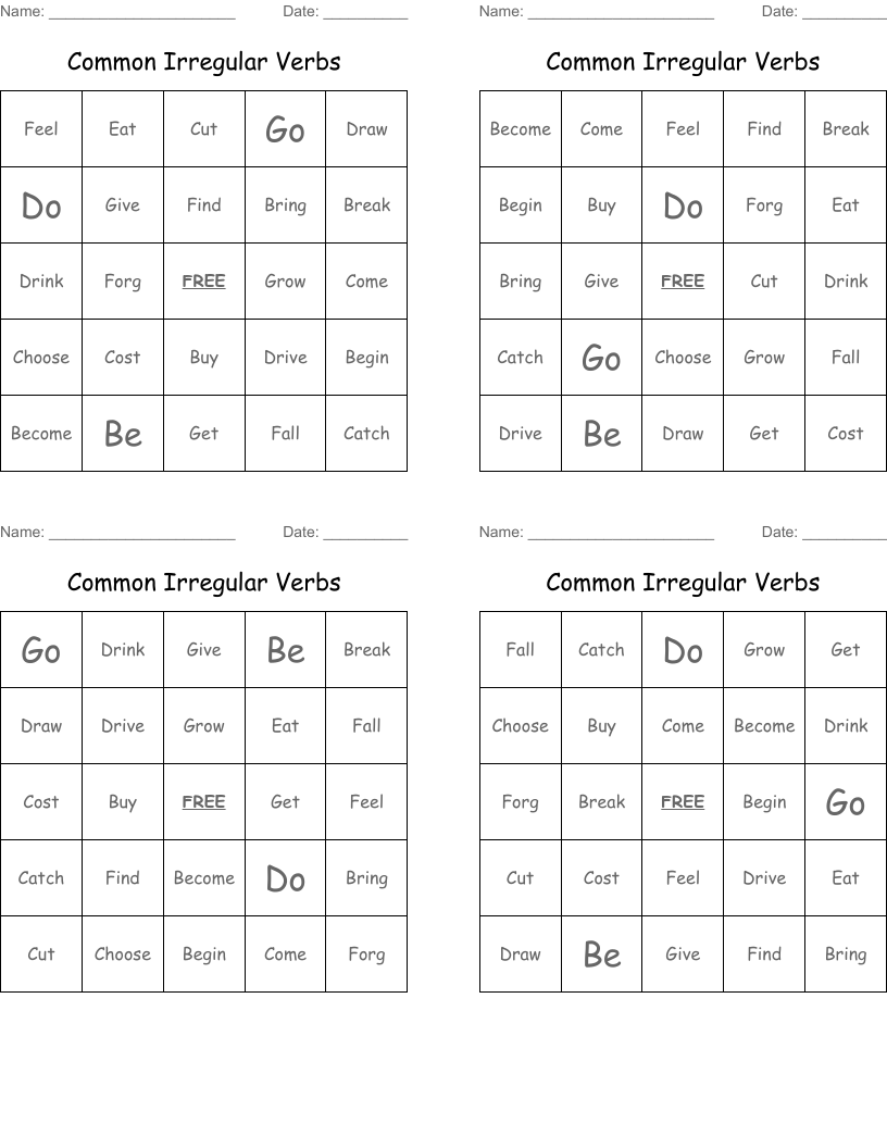 Common Irregular Verbs Bingo Cards