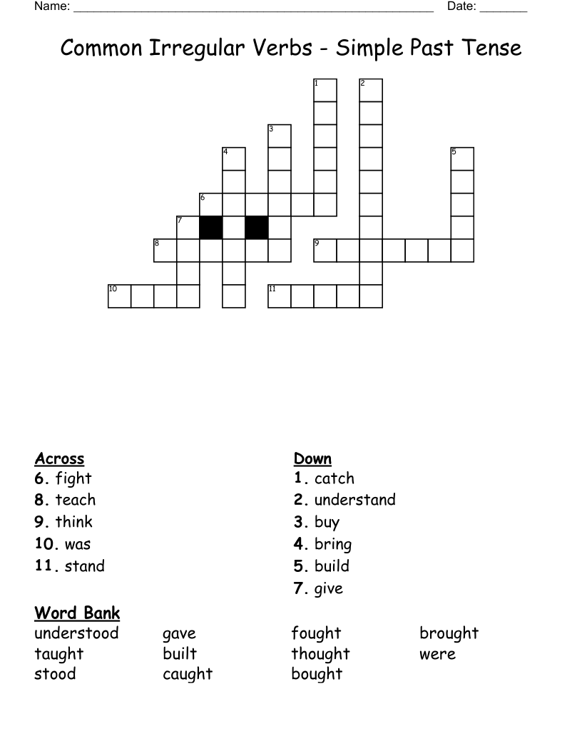 Common Irregular Verbs - Simple Past Tense Crossword