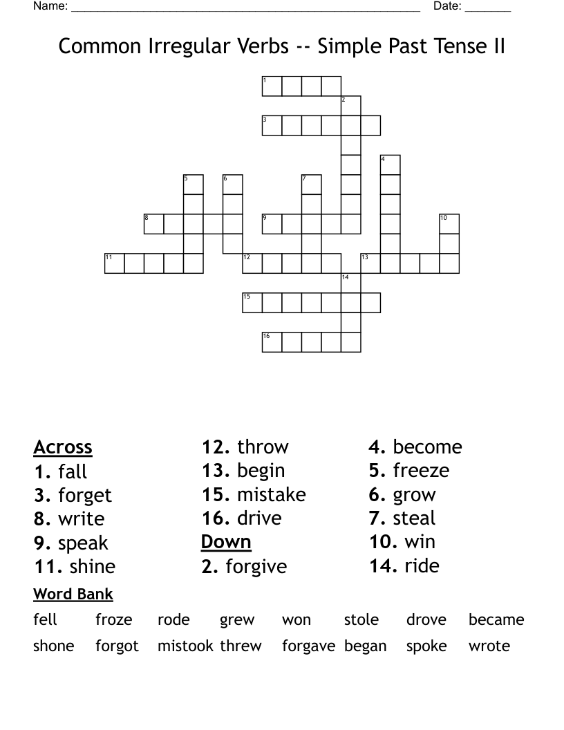 Common Irregular Verbs -- Simple Past Tense II Crossword