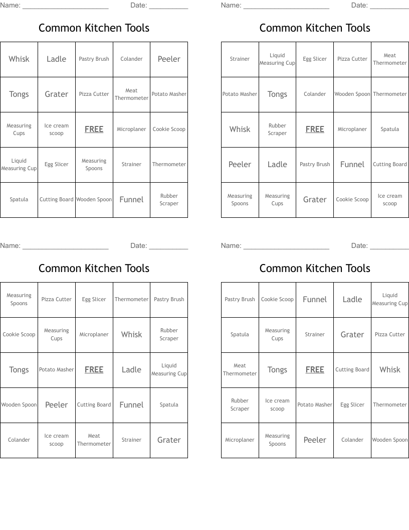 Common Kitchen Tools Bingo Cards