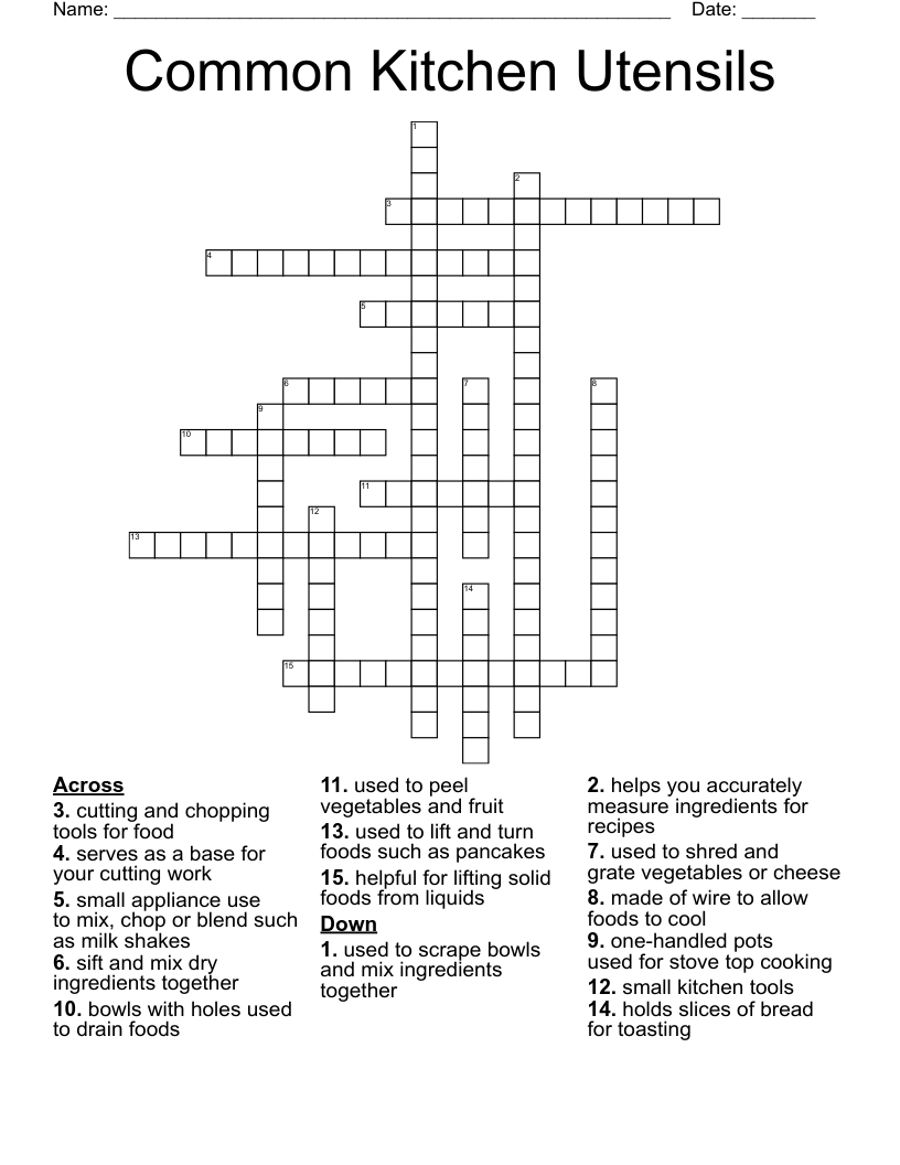 Common Kitchen Utensils Crossword