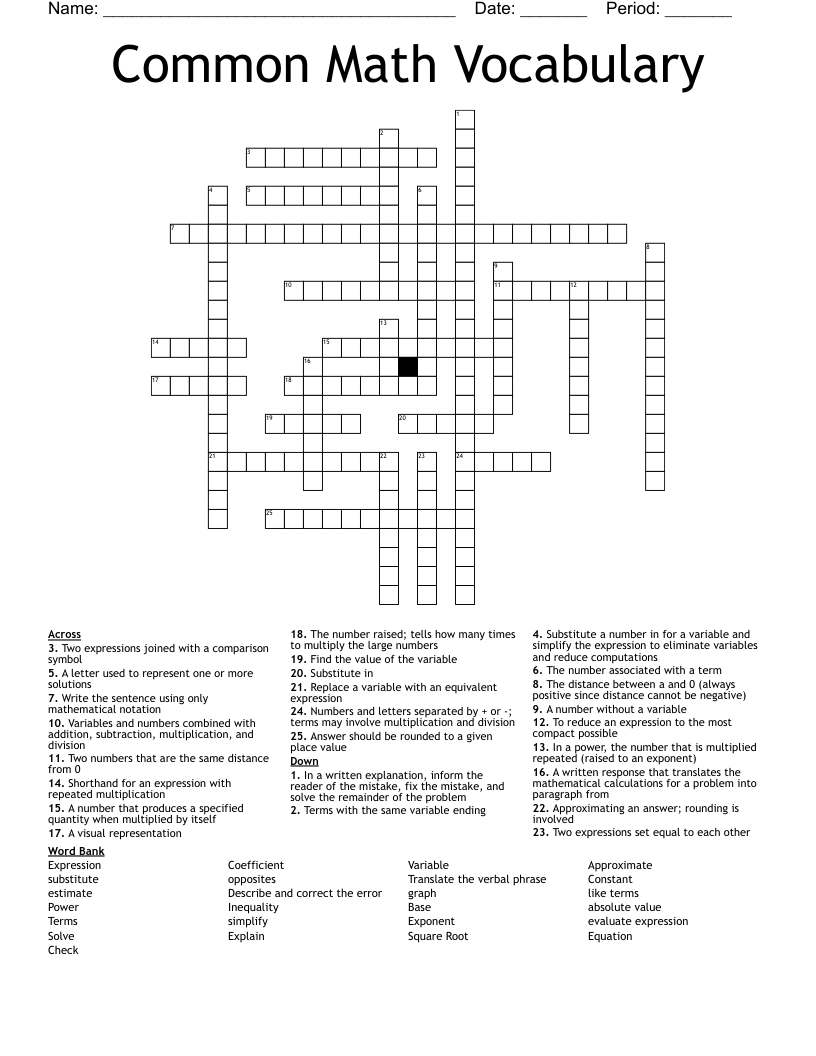 Common Math Vocabulary Crossword