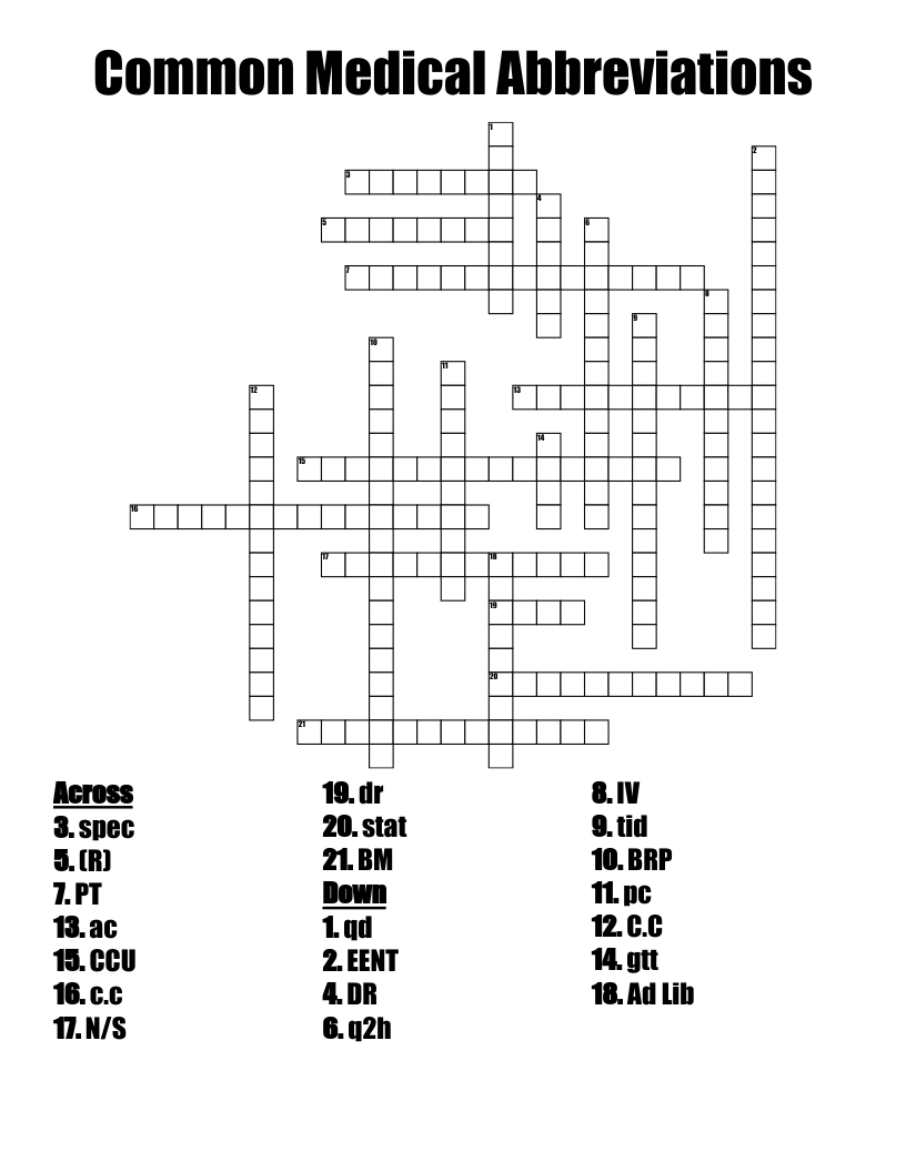 Common Medical Abbreviations Crossword