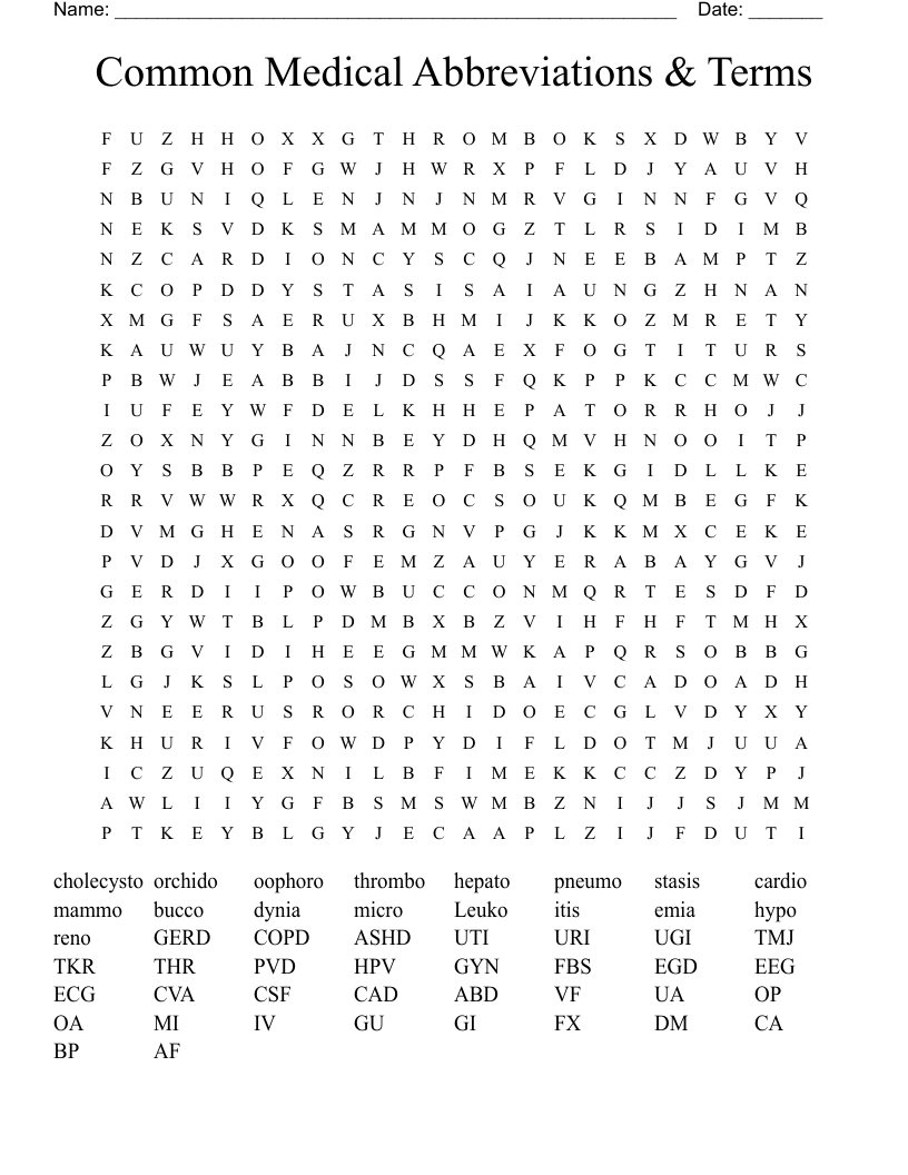 Common Medical Abbreviations & Terms Word Search