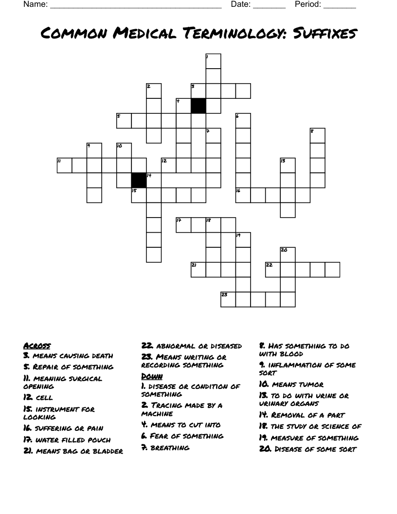 Common Medical Terminology: Suffixes Crossword