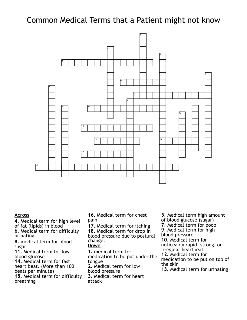 Common Medical Terms that a Patient might not know  Crossword