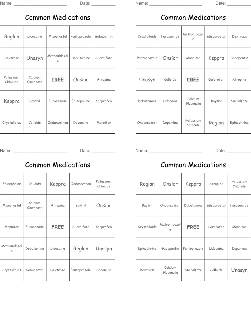 Common Medications Bingo Cards