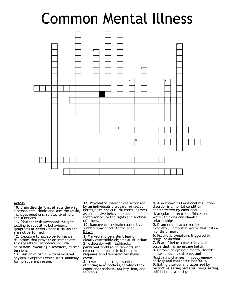 Common Mental Illness Crossword