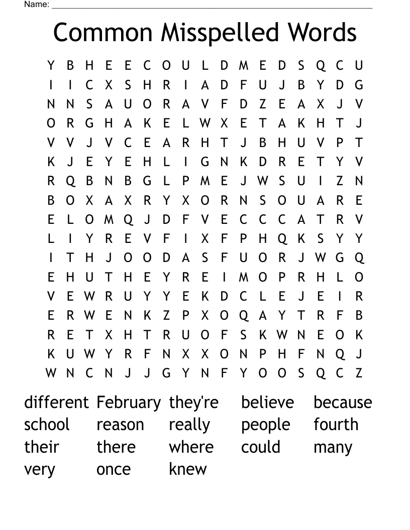 Common Misspelled Words Word Search