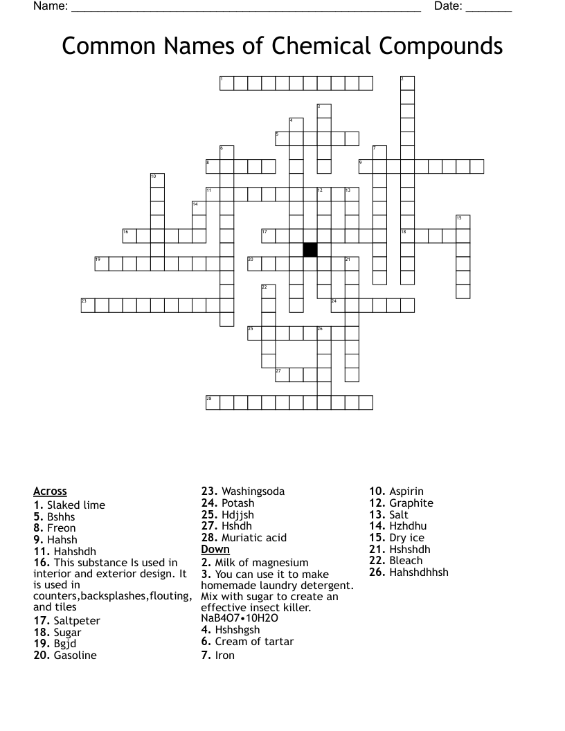 Common Names of Chemical Compounds  Crossword
