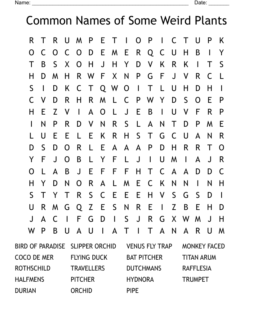 Common Names of Some Weird Plants Word Search