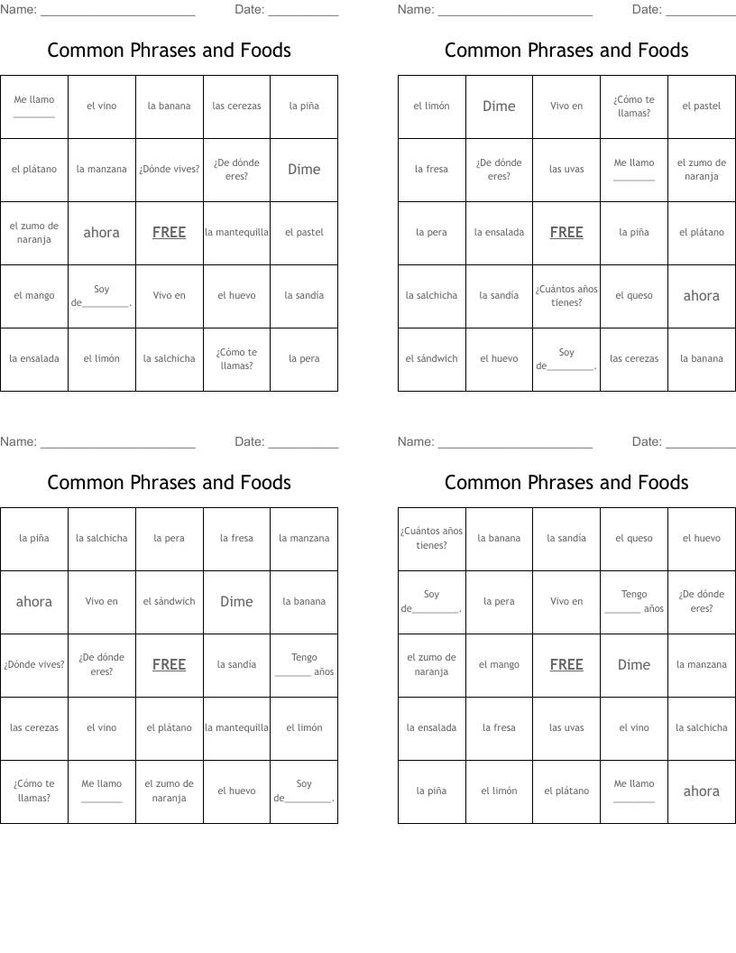 Common Phrases and Foods Bingo Cards