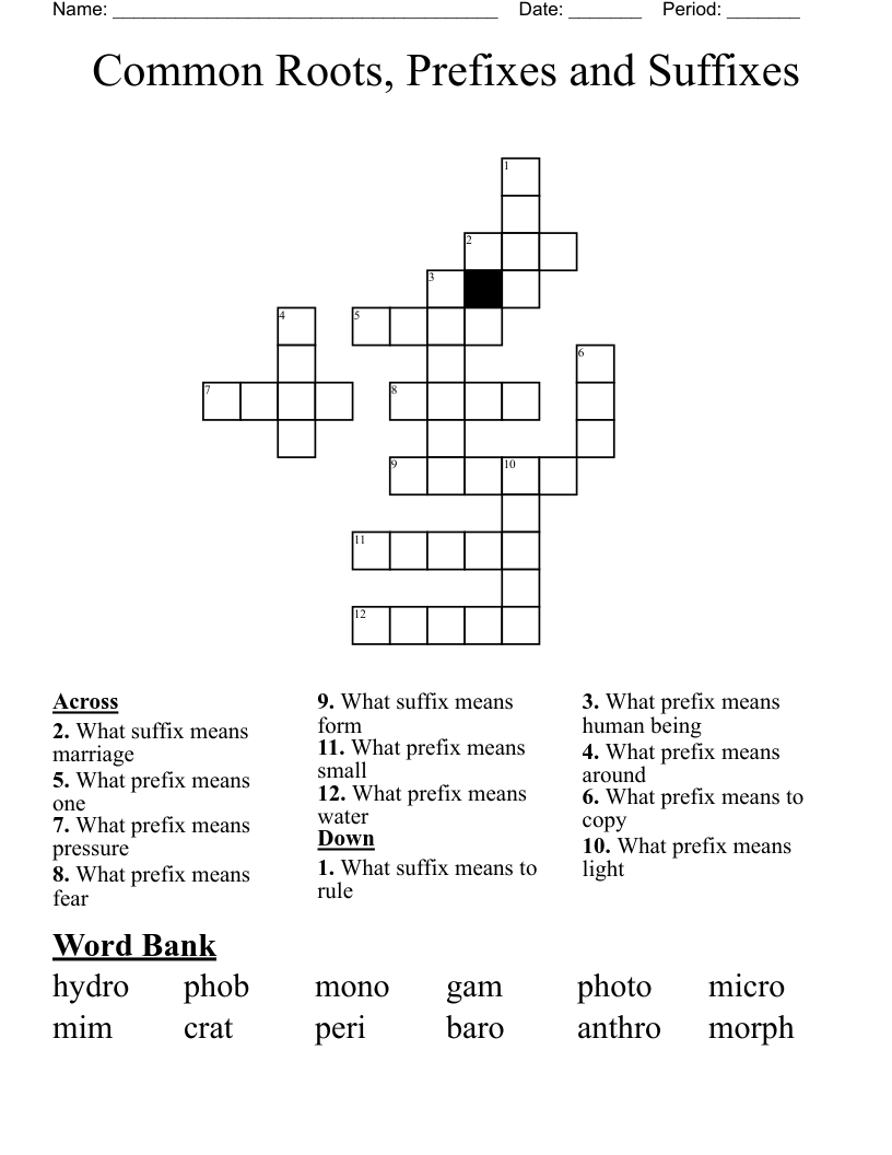 Common Roots, Prefixes and Suffixes Crossword