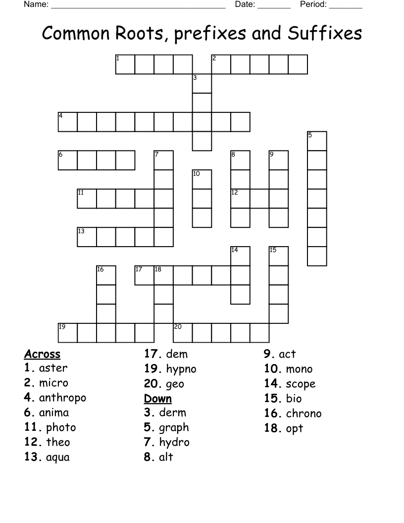 Common Roots, prefixes and Suffixes Crossword