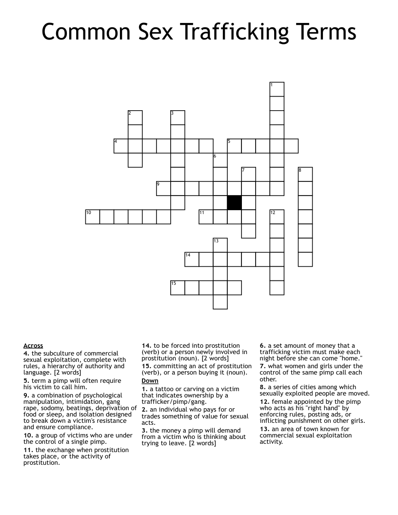 Common Sex Trafficking Terms Crossword