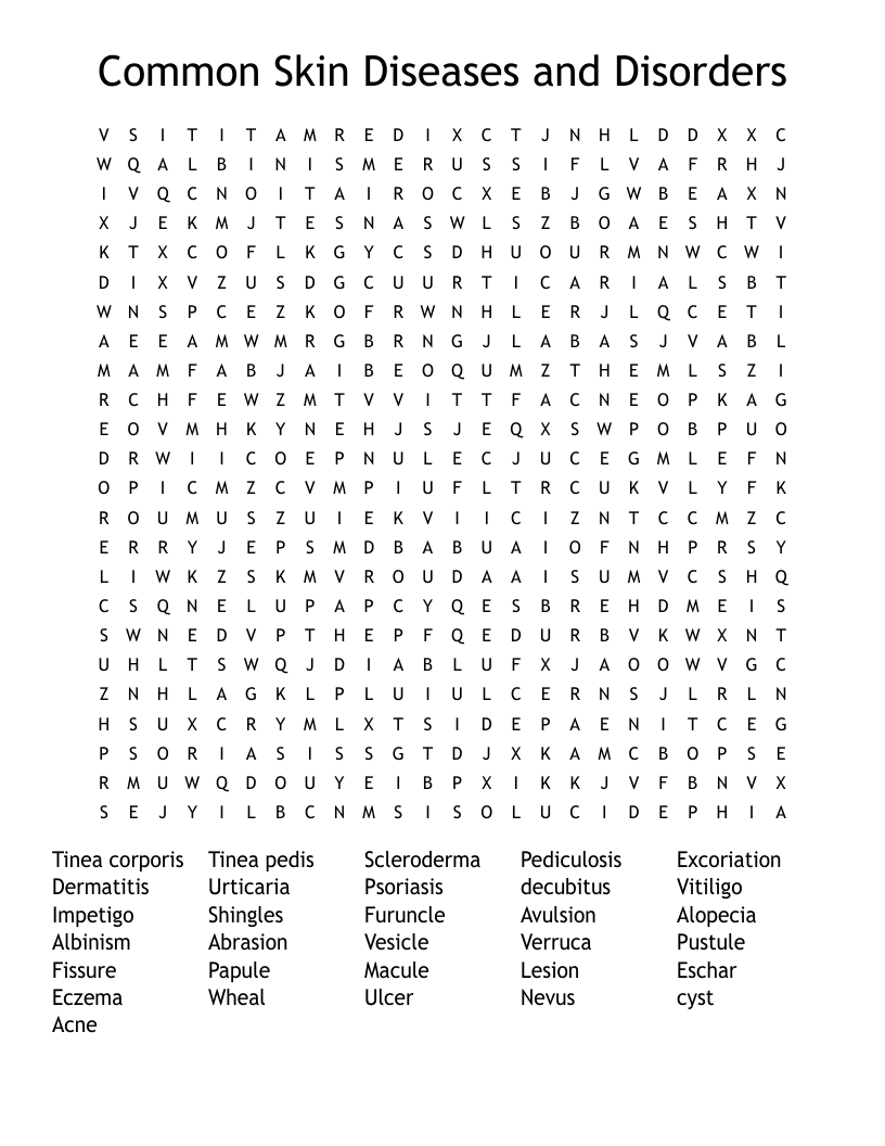 Common Skin Diseases and Disorders  Word Search