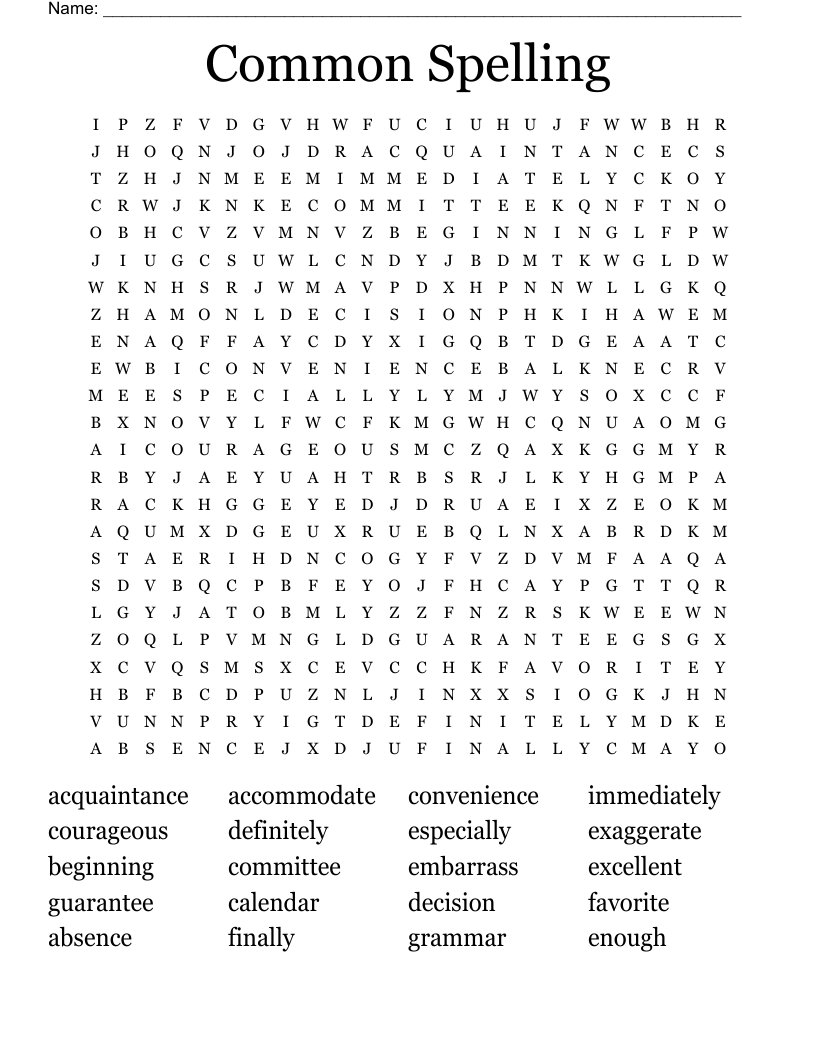 Common Spelling Word Search