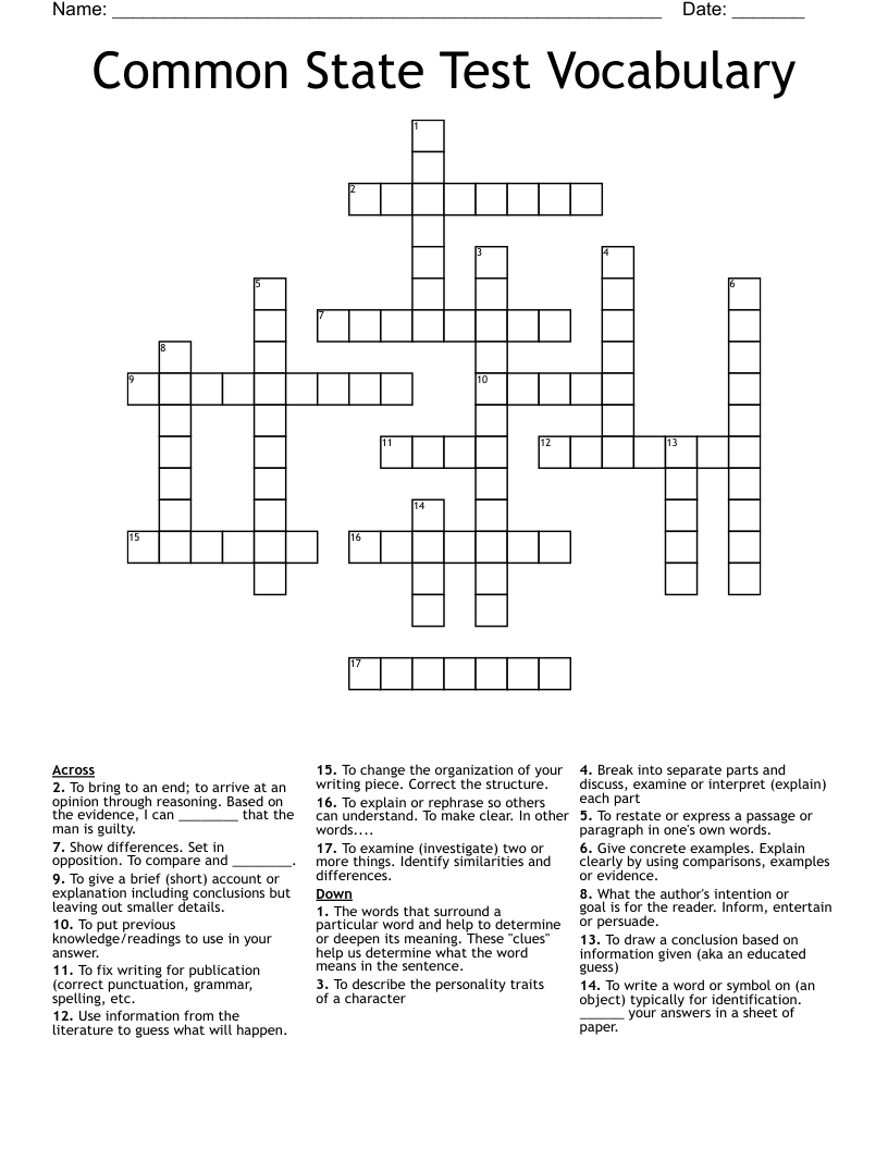 Common State Test Vocabulary Crossword