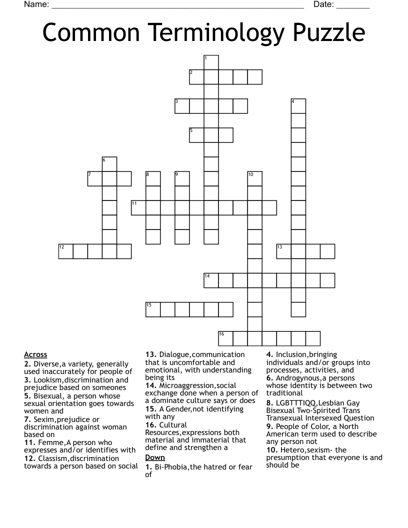 Common Terminology Puzzle Crossword
