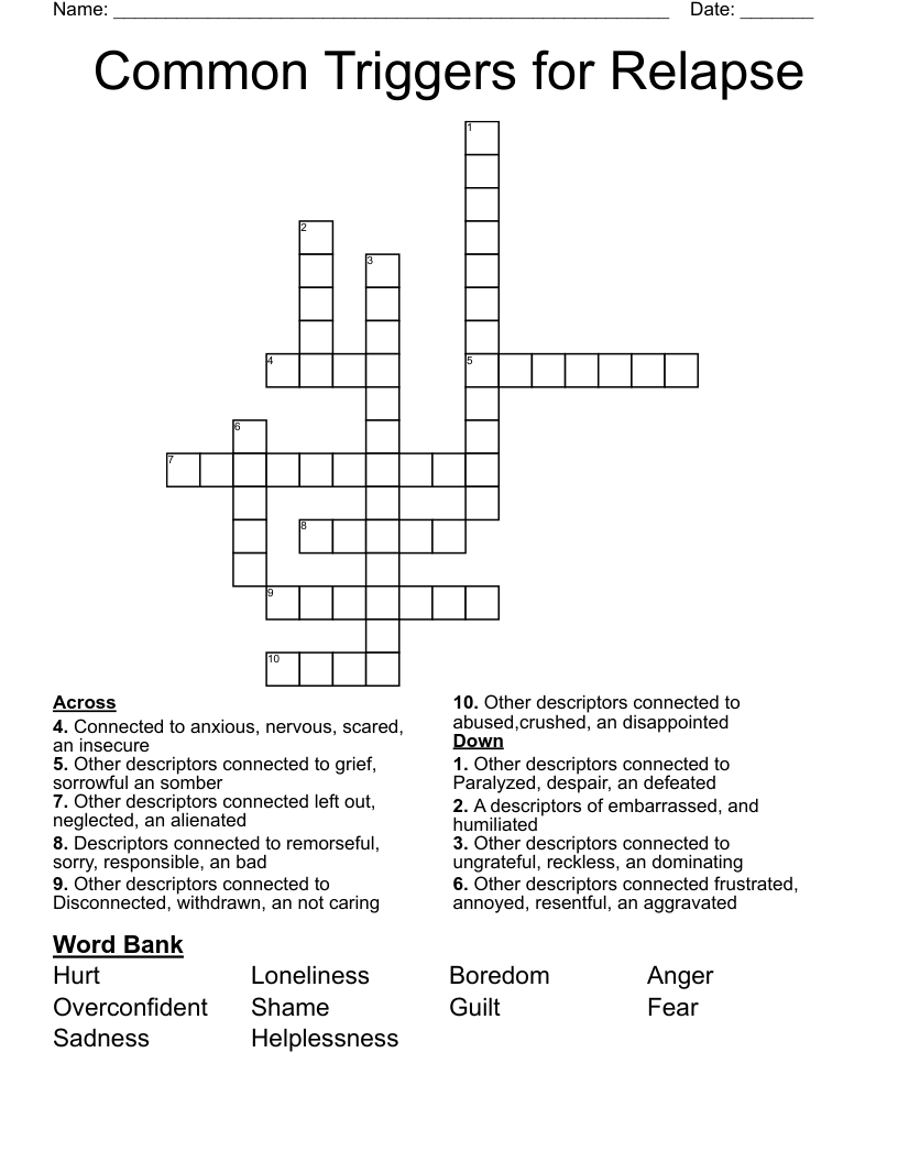 Common Triggers for Relapse Crossword