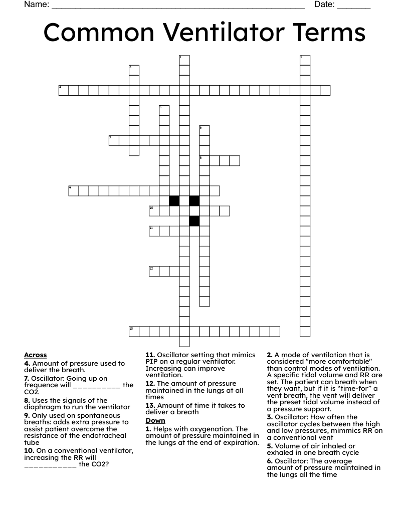 Common Ventilator Terms Crossword