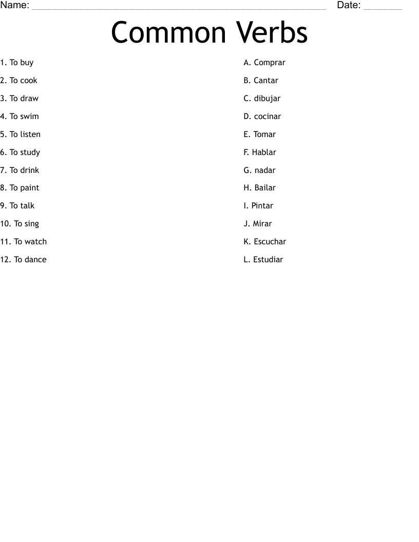 Common Verbs Worksheet