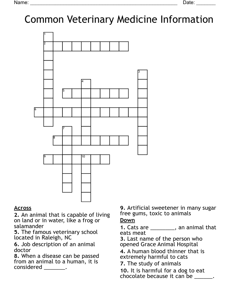 Common Veterinary Medicine Information Crossword