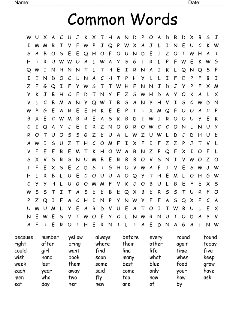 Common Words Word Search