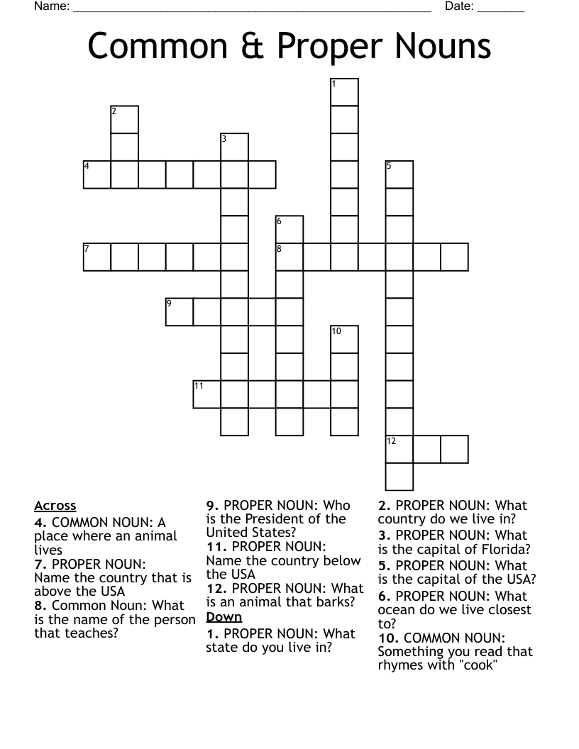 Common & Proper Nouns Crossword