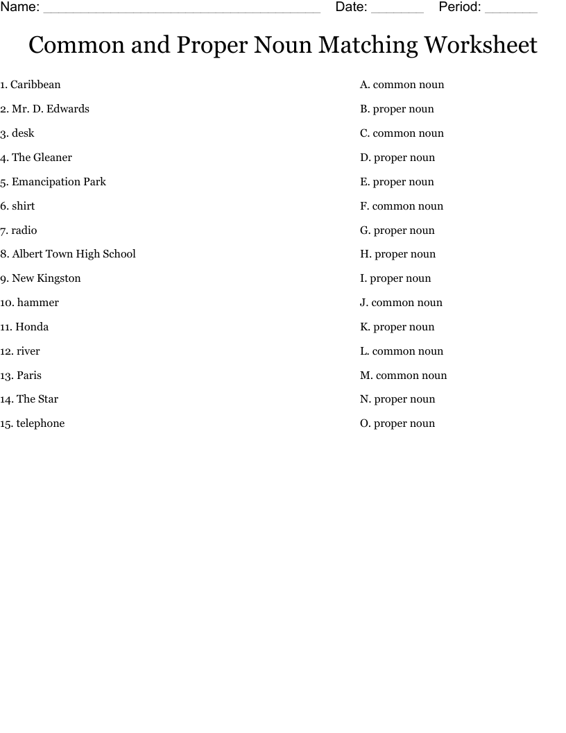 Common and Proper Noun Matching Worksheet