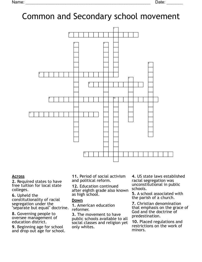 Common and Secondary school movement  Crossword