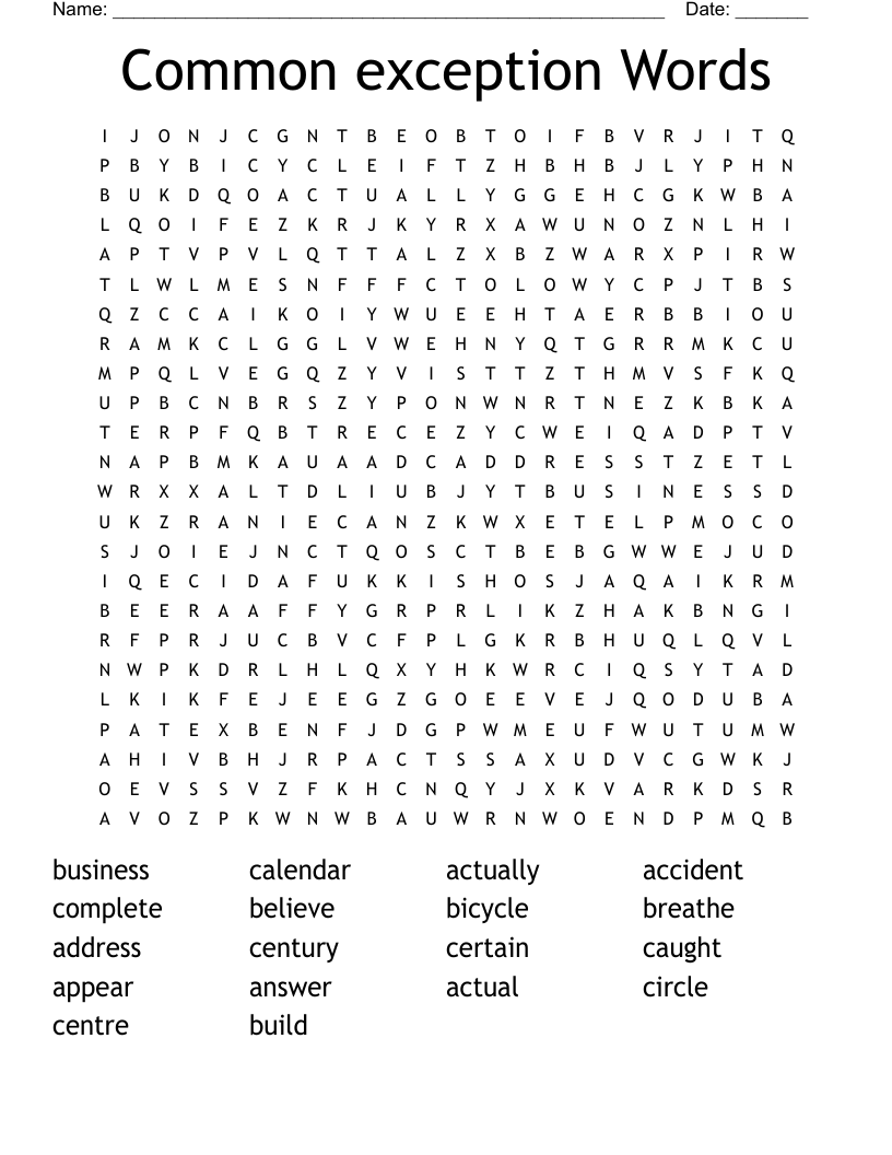 Common exception Words Word Search