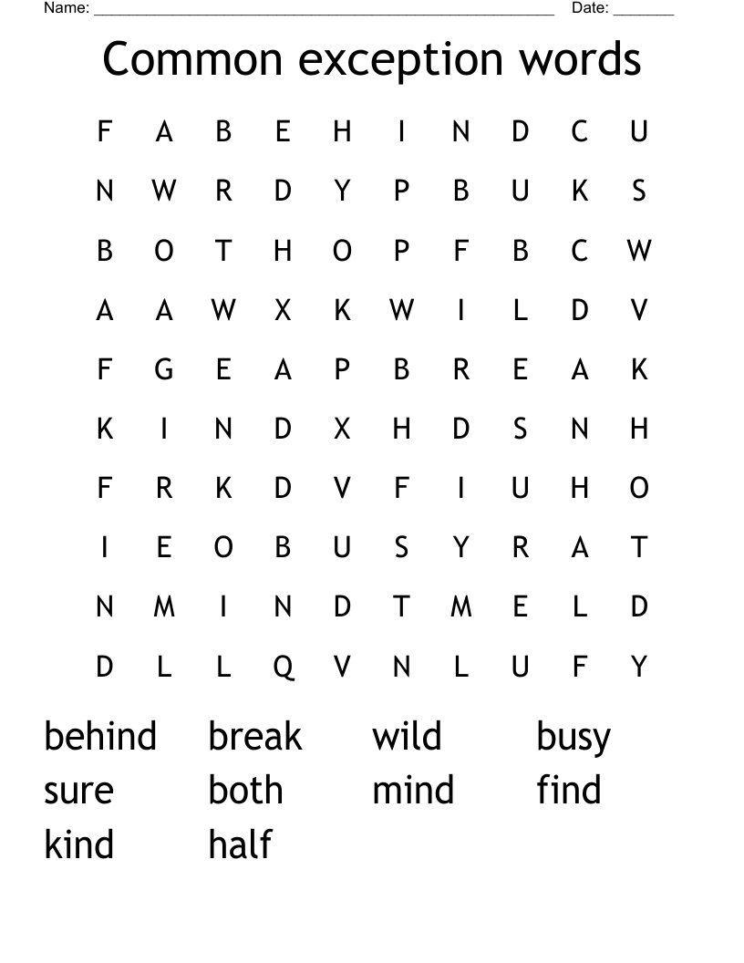 Common exception words Word Search