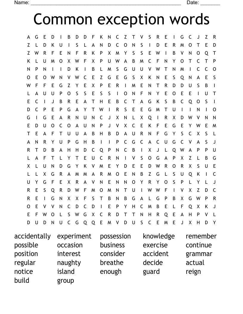 Common exception words Word Search