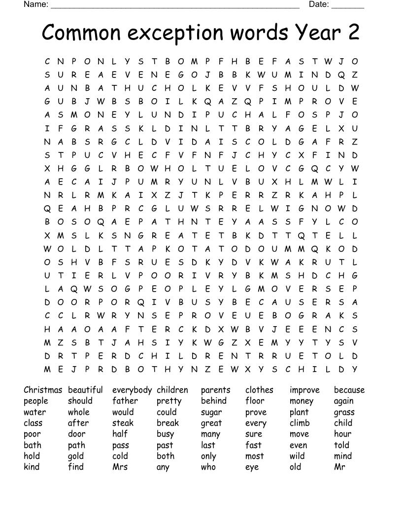 Common exception words Year 2 Word Search