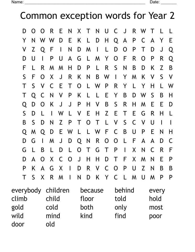 Common exception words for Year 2 Word Search