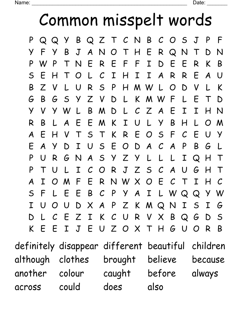 Common misspelt words Word Search