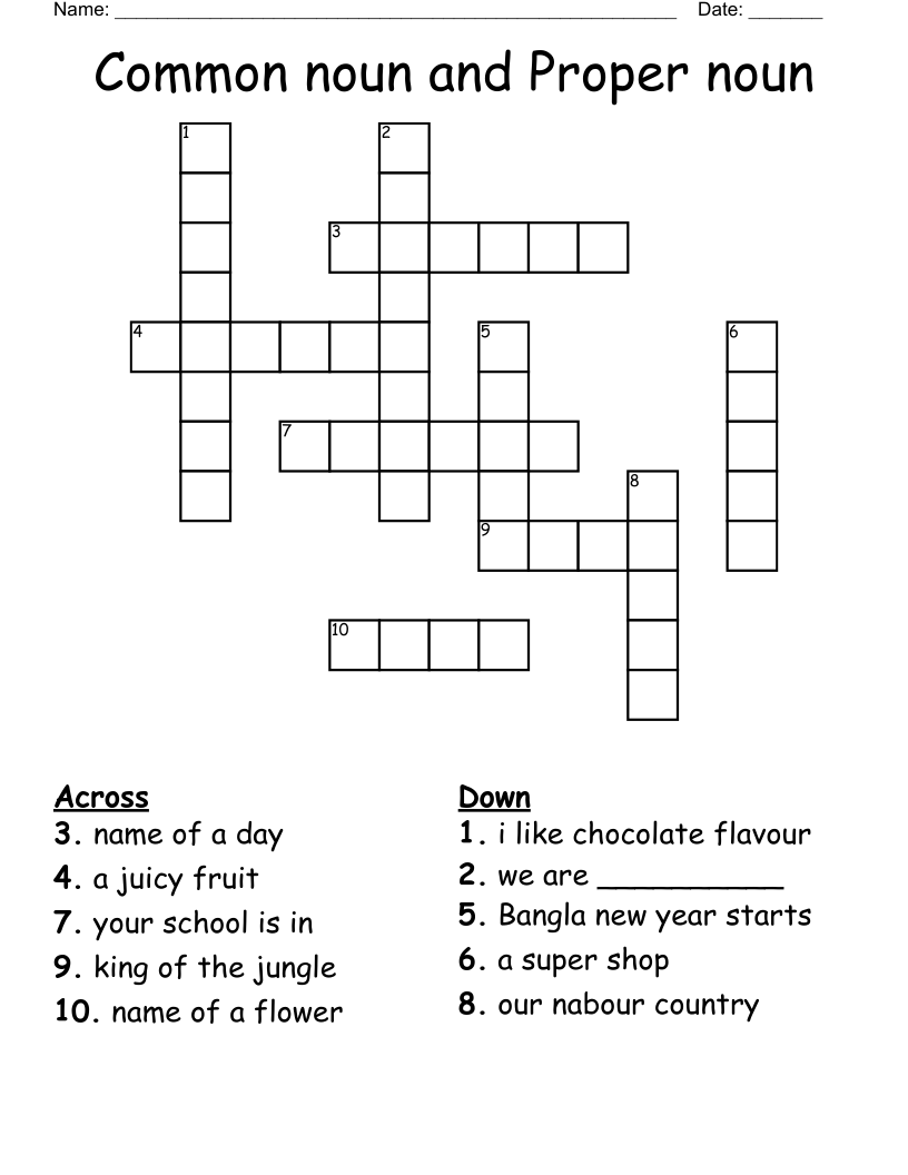 Common noun and Proper noun Crossword