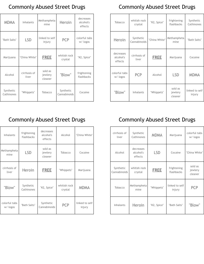 Commonly Abused Street Drugs Bingo Cards