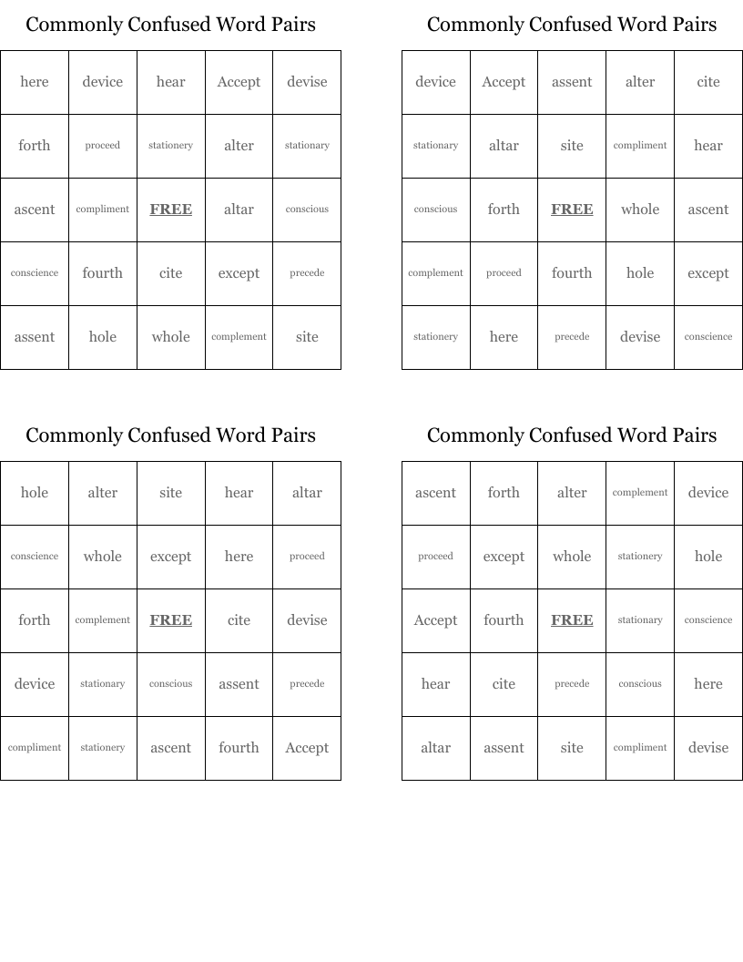 Commonly Confused Word Pairs Bingo Cards